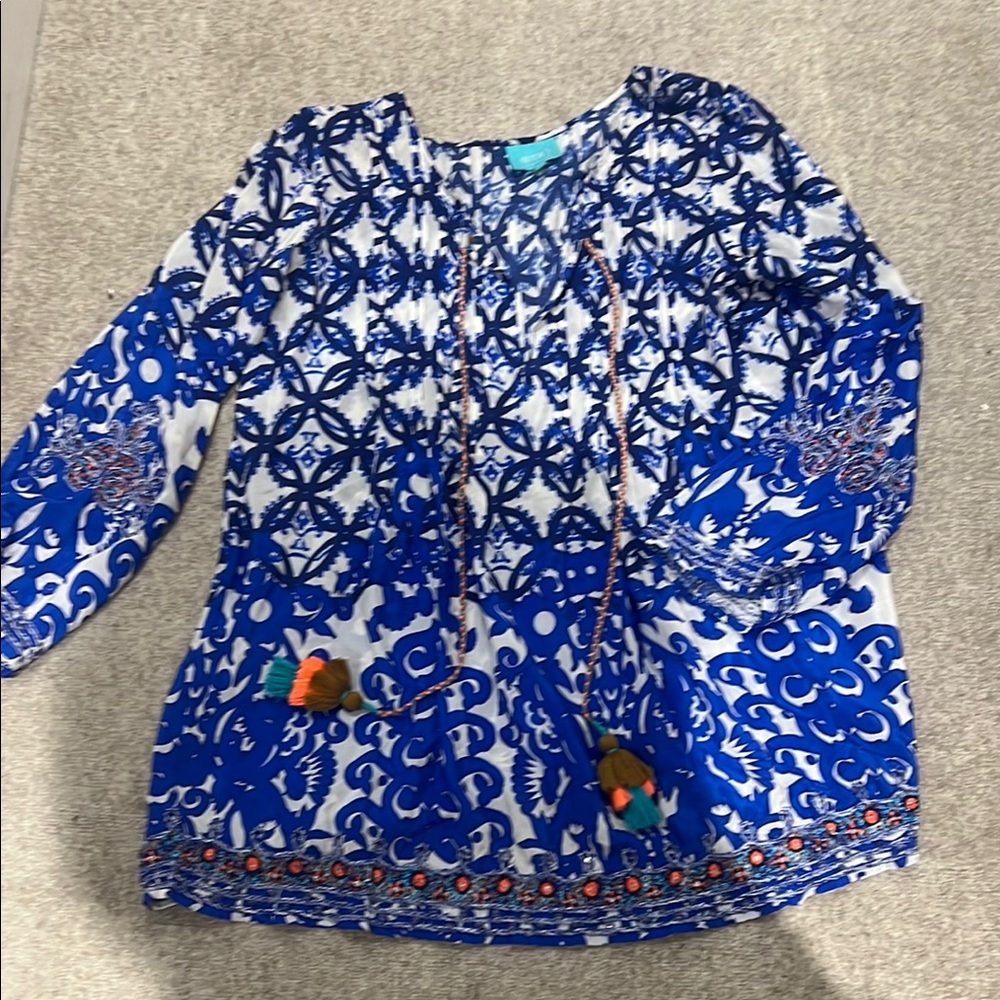 Taj by Sabrina Crippa Blue and White Patterned Tunic size L